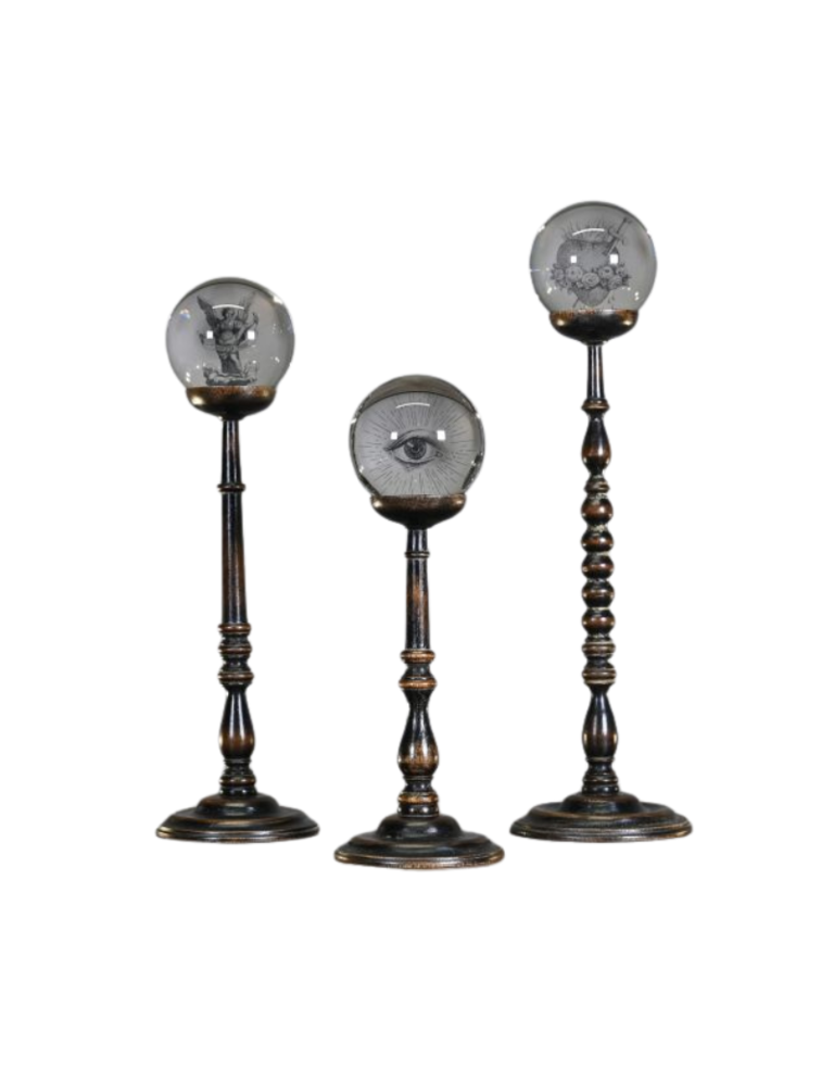 Ateliers Davoy Set of 3 Esoteric Glass Spheres on Wooden Stands