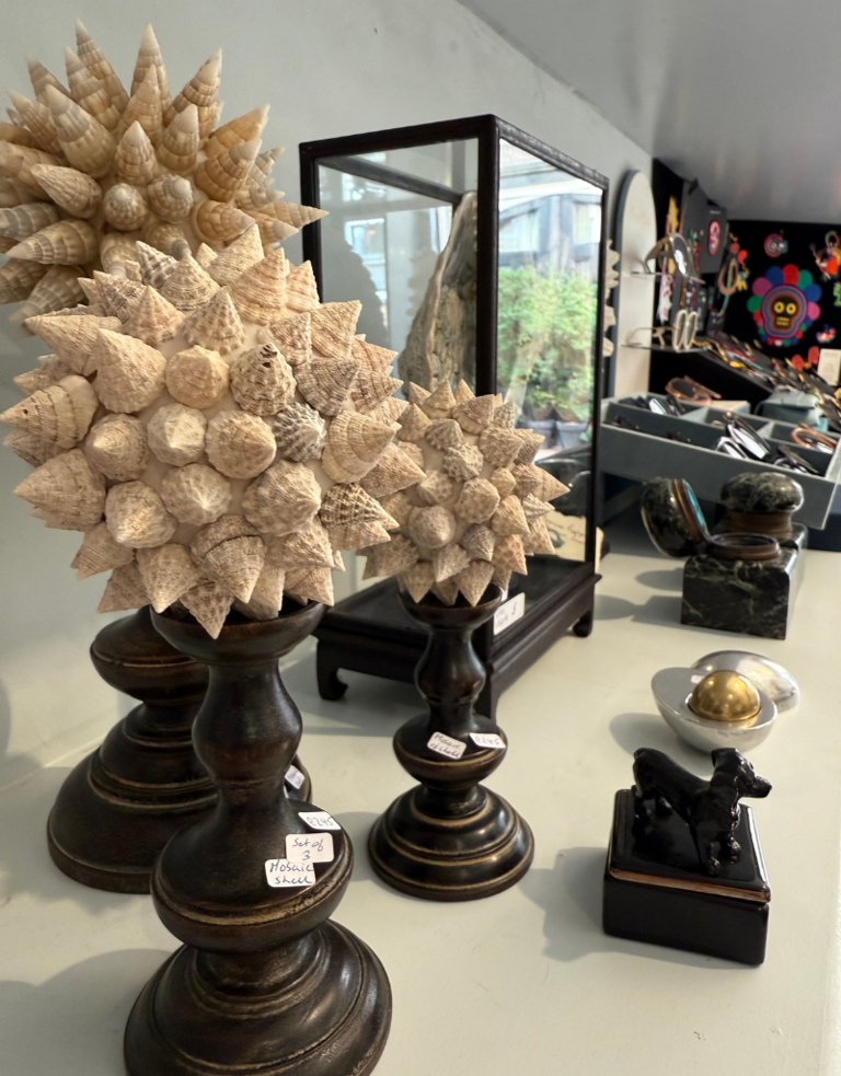 Ateliers Davoy Set of three Mosaic of Shell spheres low stands
