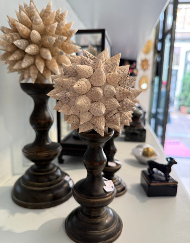 Ateliers Davoy Set of three Mosaic of Shell spheres low stands