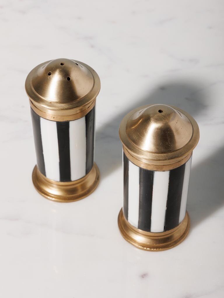 Black & White Salt & Pepper Shaker Set – Brass Finish