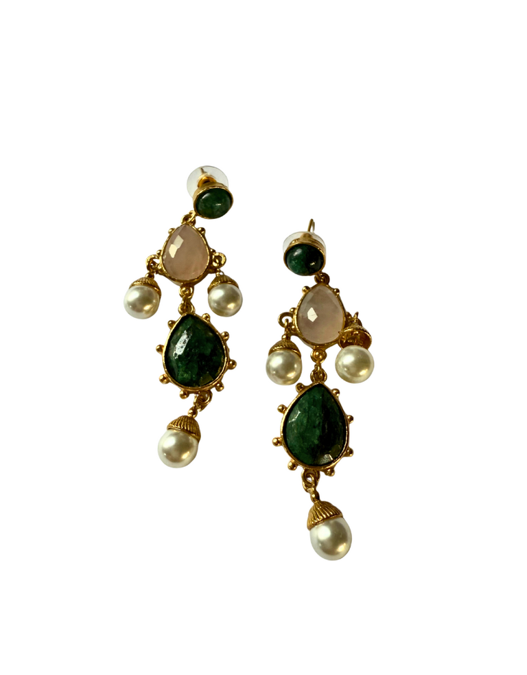 Lois Earrings – Green Stones & Dangling Pearls