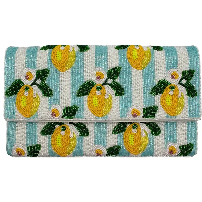 Lemon Blue Stripe Beaded Clutch