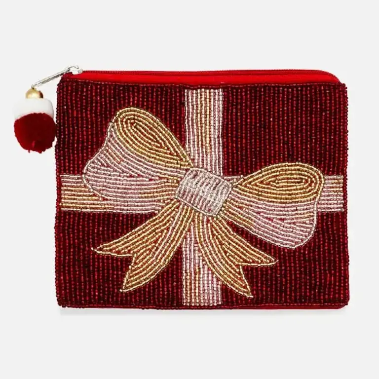 Gift Wrap Geborduurde Coin Pouch – Rood met Gouden Strik