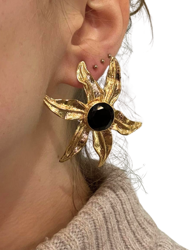 Florette Earrings – Gold Flower with Black Stone Centre