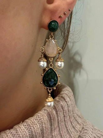 Lois Earrings – Green Stones & Dangling Pearls