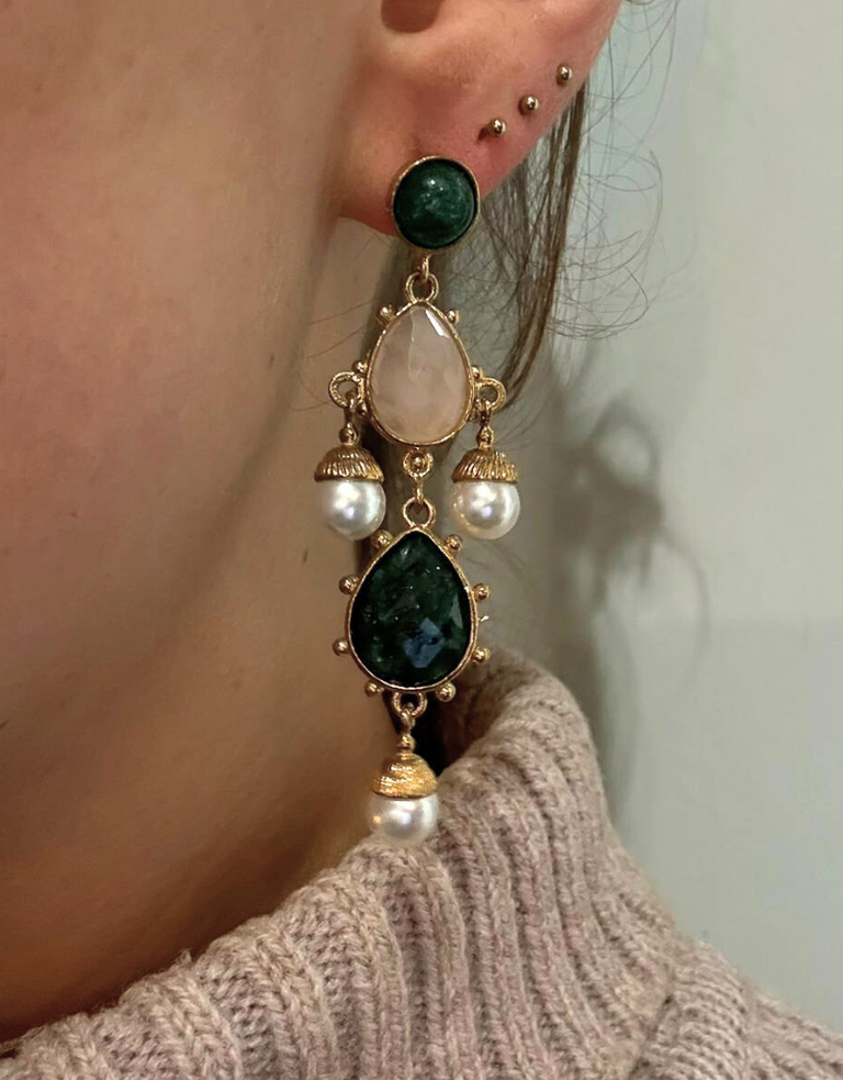 Lois Earrings – Green Stones & Dangling Pearls