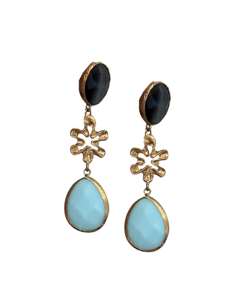 Lina Earrings – Blue Stones & Gold-Plated Flower