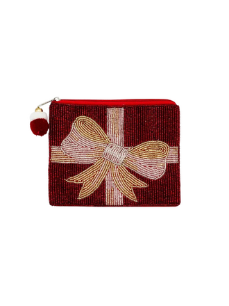 Gift Wrap Geborduurde Coin Pouch – Rood met Gouden Strik