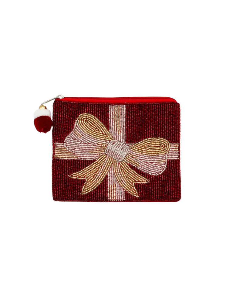 Gift Wrap Geborduurde Coin Pouch – Rood met Gouden Strik