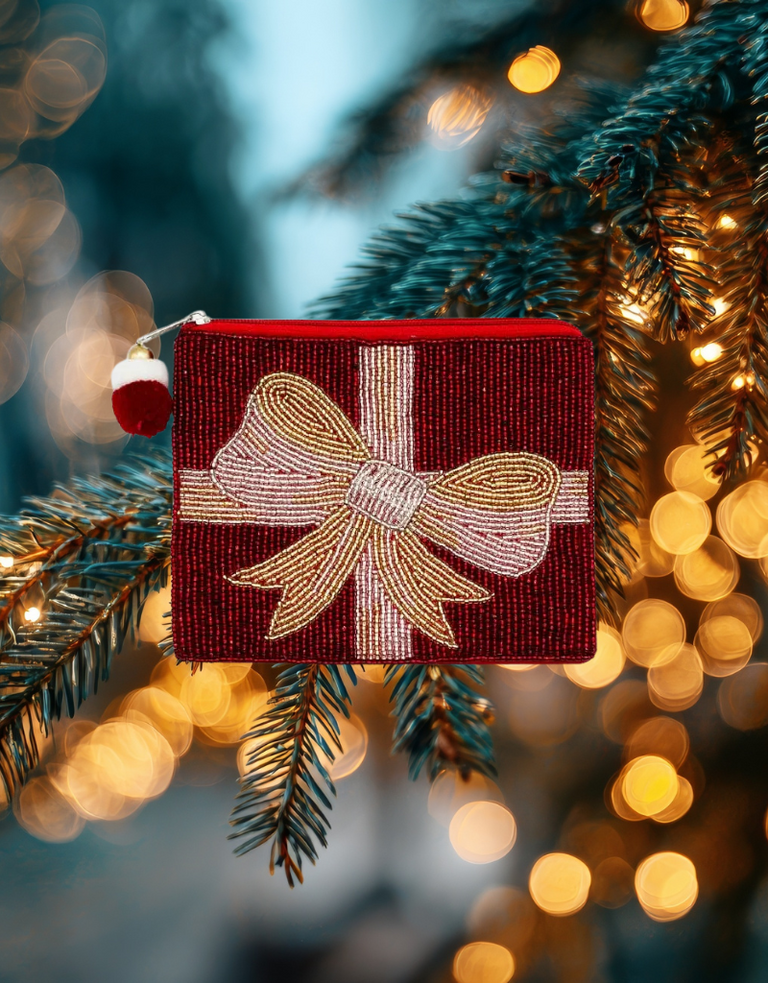 Gift Wrap Geborduurde Coin Pouch – Rood met Gouden Strik