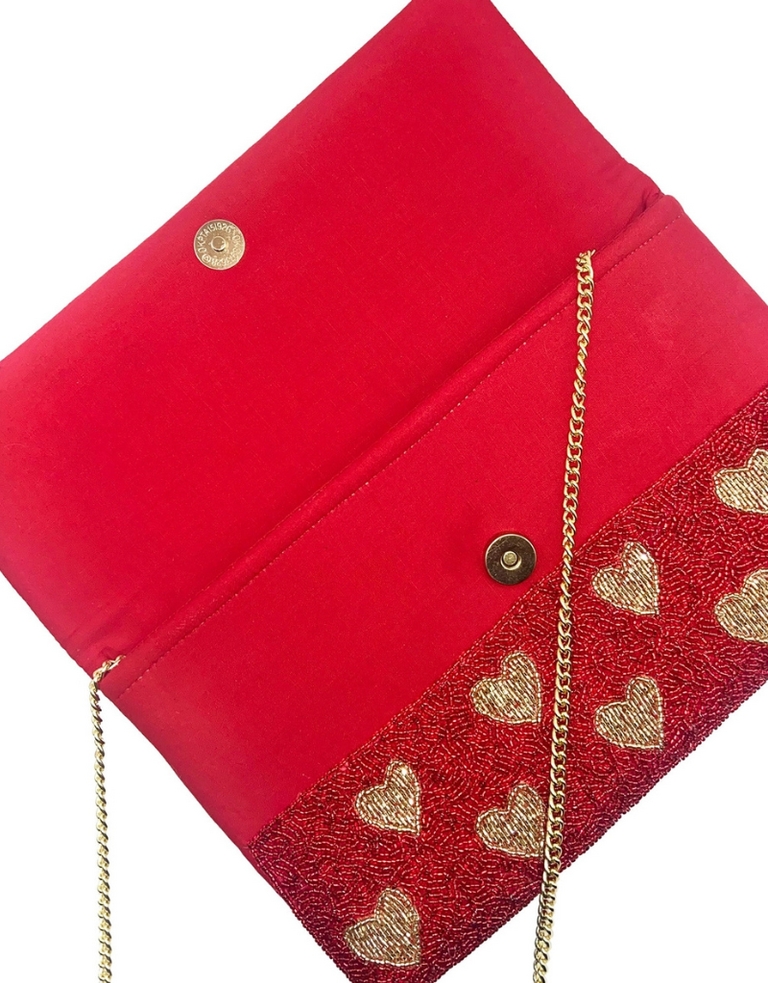 Romantic Hearts Red Beaded Clutch