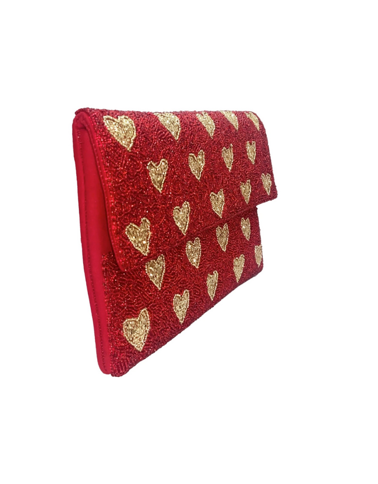 Romantic Hearts Red Beaded Clutch