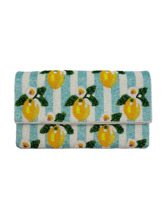 Lemon Blue Stripe Beaded Clutch