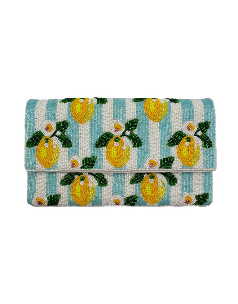 Lemon Blue Stripe Beaded Clutch