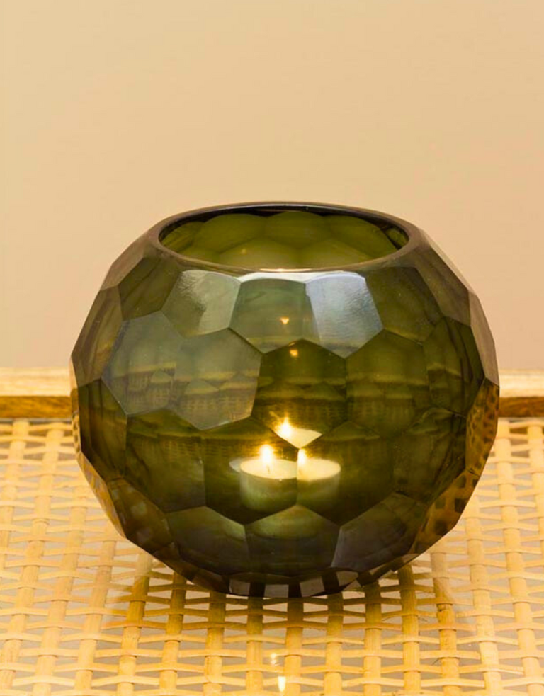 Green thick-walled glass candle holder