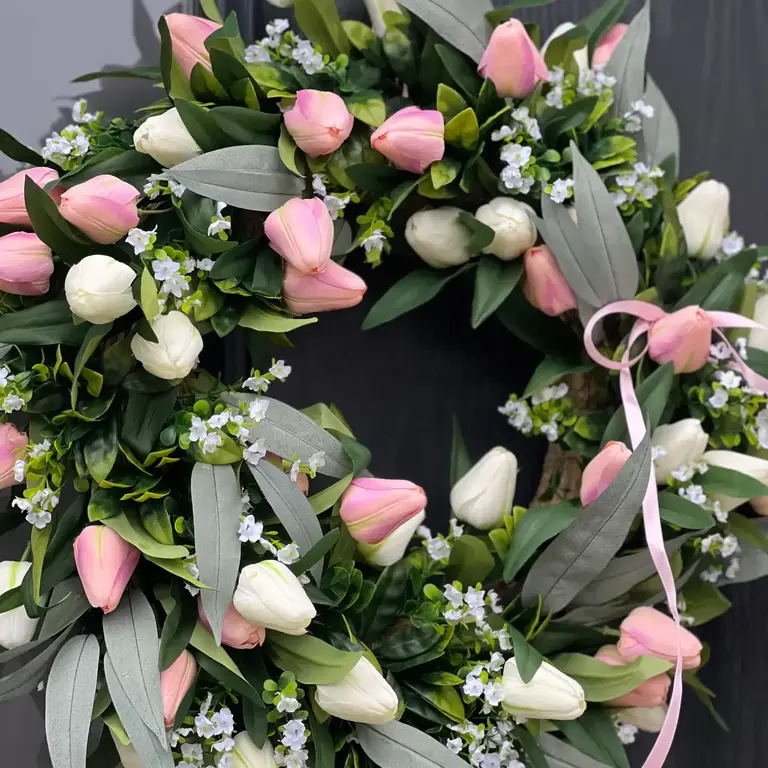 Spring Tulip Silk Flower Wreath — Pink & Ivory | 45 cm