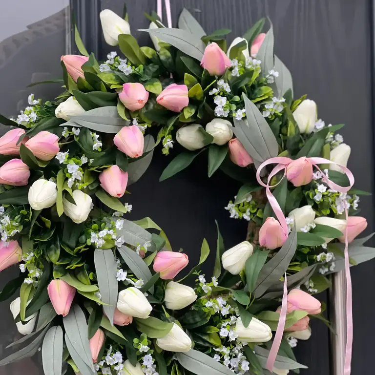 Voorjaars Tulpenkrans van Zijdebloemen — Roze & Ivoor | 45 cm