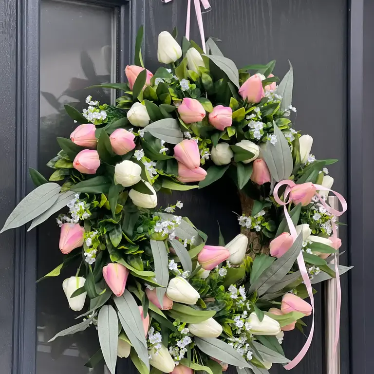 Voorjaars Tulpenkrans van Zijdebloemen — Roze & Ivoor | 45 cm