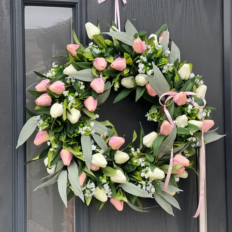 Voorjaars Tulpenkrans van Zijdebloemen — Roze & Ivoor | 45 cm