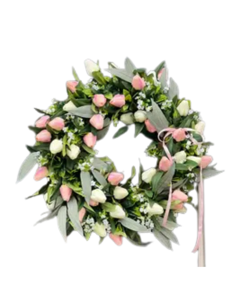 Spring Tulip Silk Flower Wreath — Pink & Ivory | 45 cm