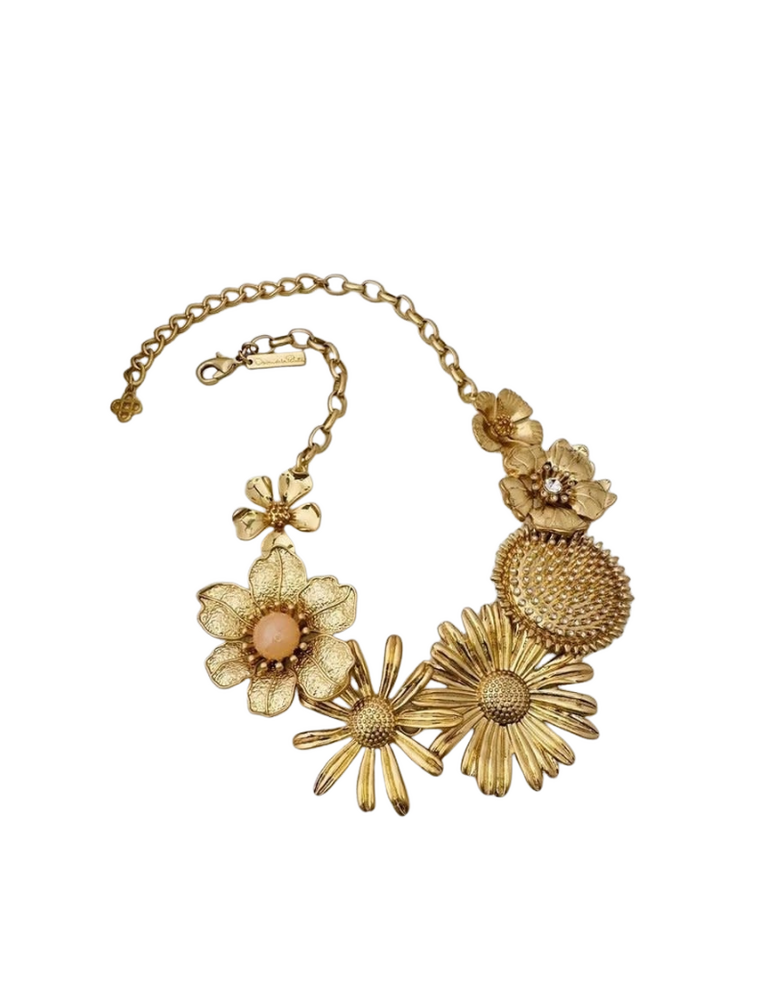Vintage Oscar de la Renta Floral Statement Necklace — Hand-Painted Enamel Daisy | Gold Tone