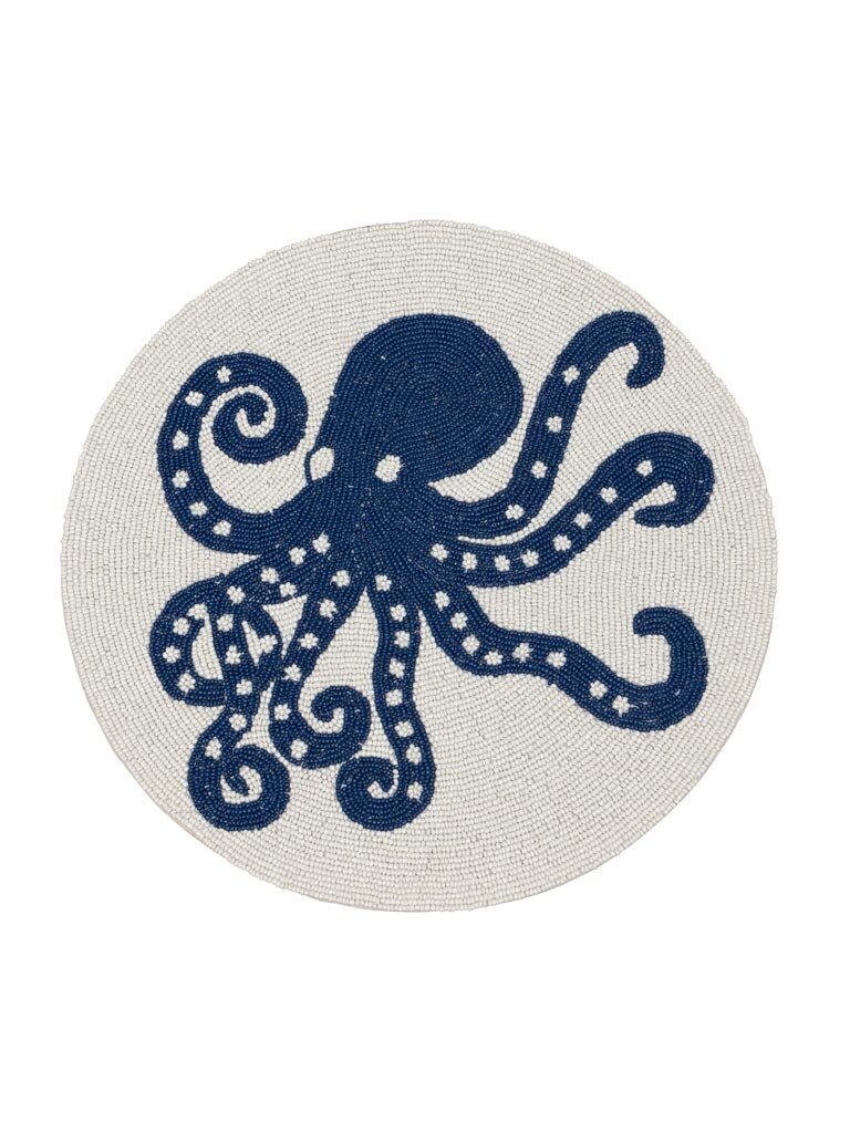 Round Beaded Placemat with Blue Octopus – 38 cm
