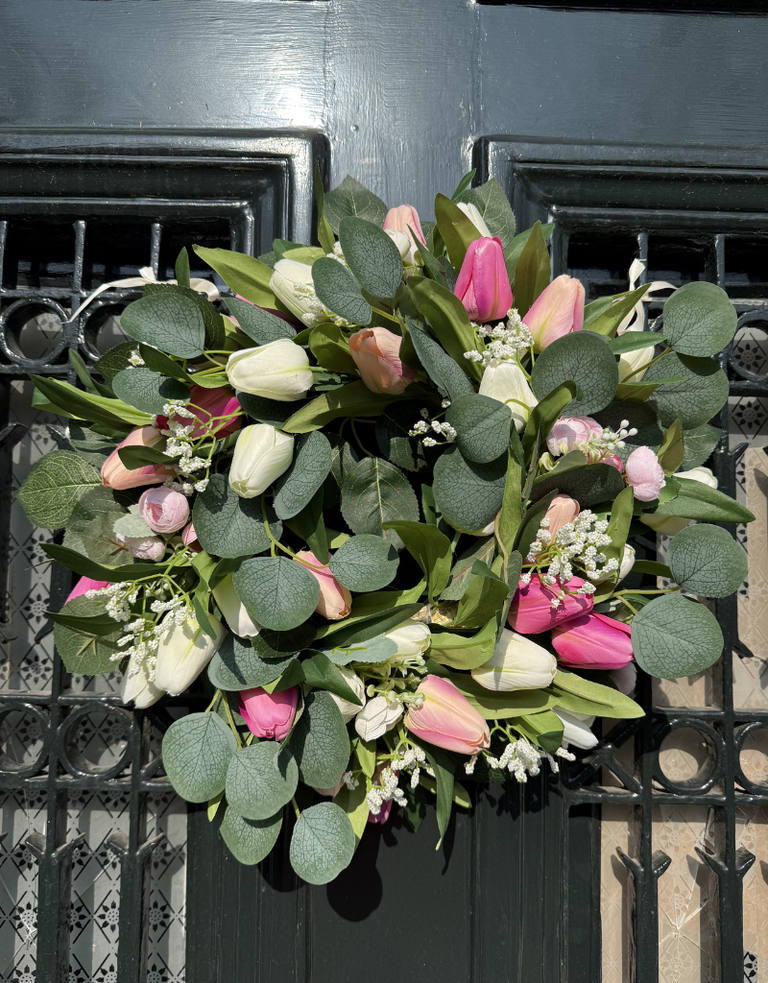 Voorjaars Tulpenkrans van Zijdebloemen — Roze & Ivoor | 30 cm