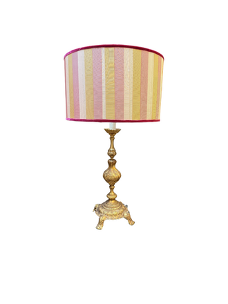 Vintage Bronzen Tafellamp met Handgedecoreerde Kap