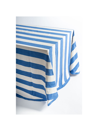 Les Ottomans Blockprint Katoenen Tafelkleed – Blauw & Witte Strepen