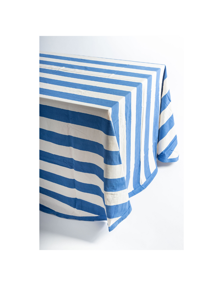 Les Ottomans Block Printed Cotton Tablecloth – Blue & White Stripe