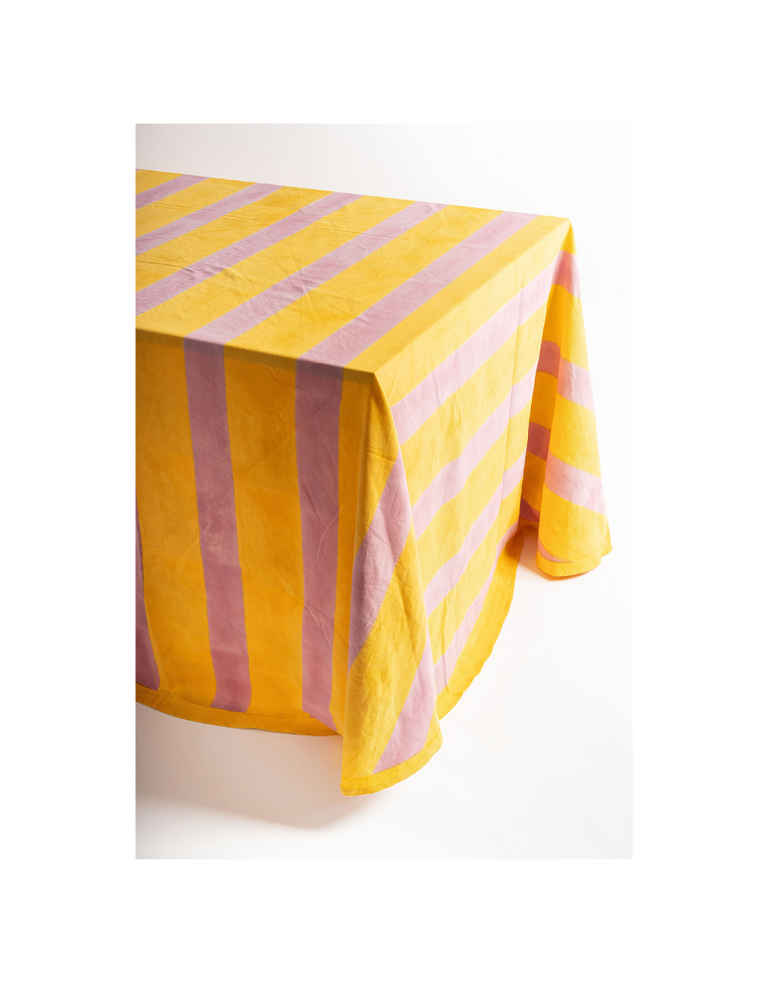 Les Ottomans Blockprint Katoenen Tafelkleed – Geel & Roze Strepen