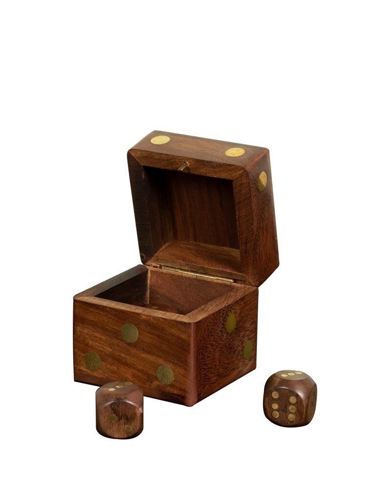 Wooden & Brass Dice Box Including 5 Dice