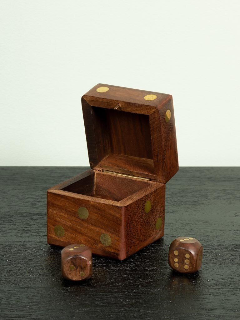 Wooden & Brass Dice Box Including 5 Dice