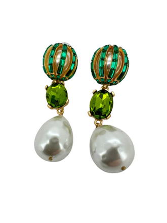 Vintage Green Crystal & Baroque Pearl Statement Earrings
