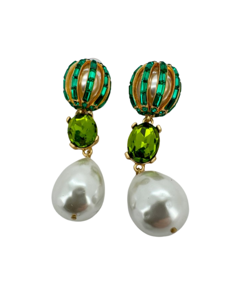 Vintage Oscar de la Renta Statement Oorbellen met Groene Kristallen & Barokparels