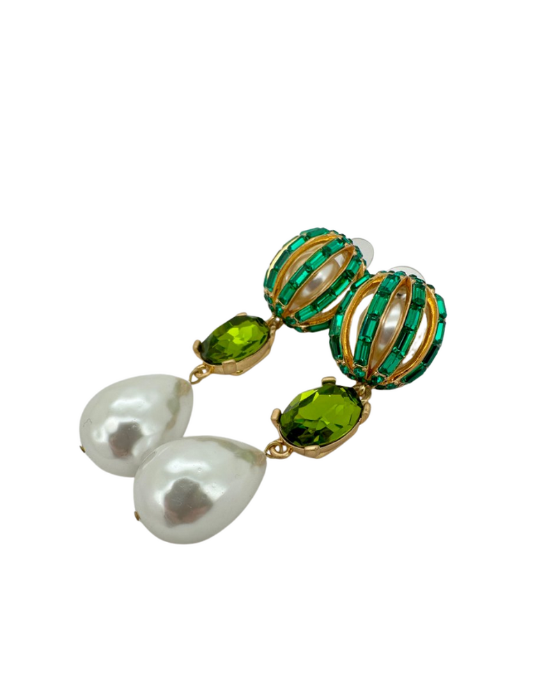 Vintage Oscar de la Renta Green Crystal & Baroque Pearl Statement Earrings
