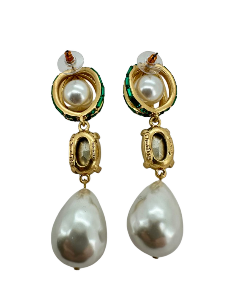 Vintage Oscar de la Renta Green Crystal & Baroque Pearl Statement Earrings