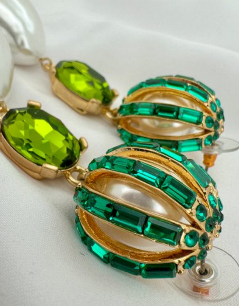 Vintage Oscar de la Renta Statement Oorbellen met Groene Kristallen & Barokparels