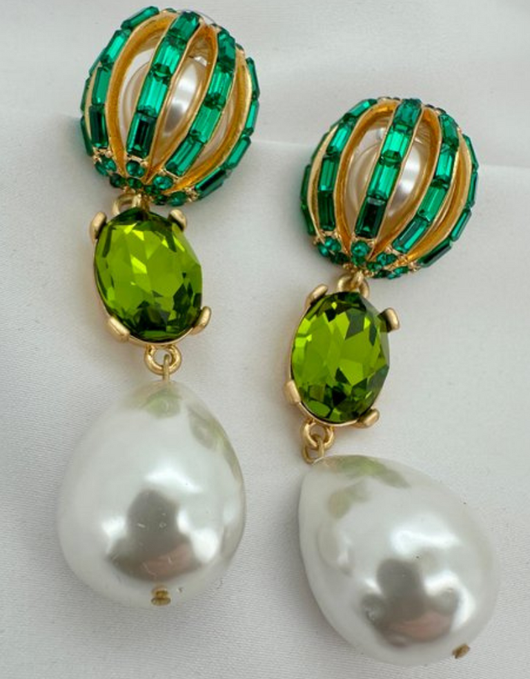 Vintage Oscar de la Renta Green Crystal & Baroque Pearl Statement Earrings