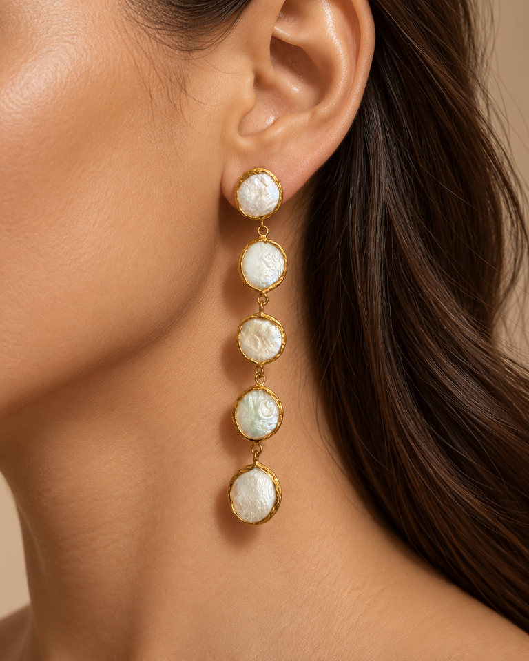m'Anais Renata – Long Freshwater Pearl Earrings in Gilded Bronze by m'Anais