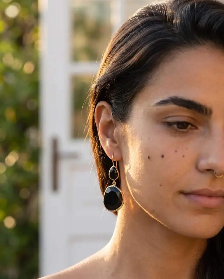 m'Anais Nora by m'Anais – Black Cat Eye Drop Earrings with 24K Gold-Plated Settings