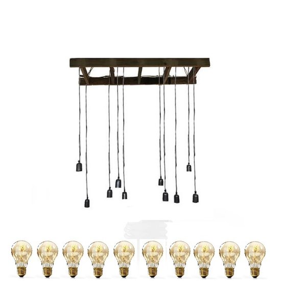 By Mooss Stoere hanglamp met 10 ijzeren lampjes aan een houten (trap/ladder) frame
