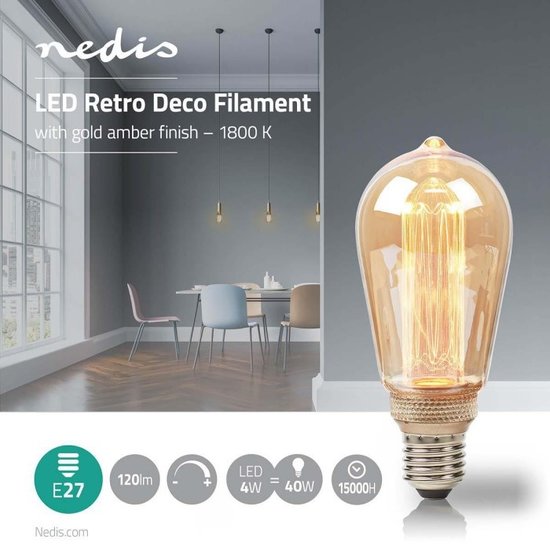 Nedis Led kooldraadlamp 4W, 120lm, 1800K, Dimbaar, Goud