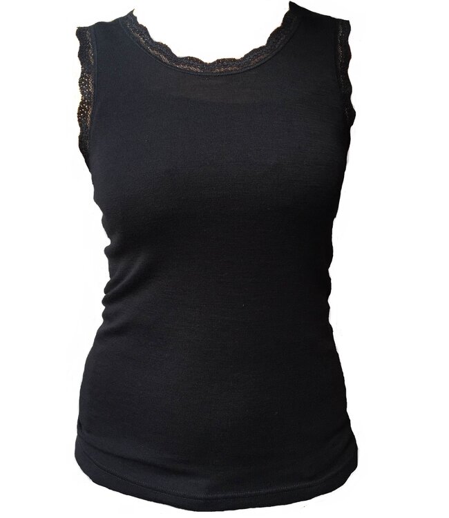 ENGEL Wol zijde hemd dames met KANT ZWART wollen ondergoed