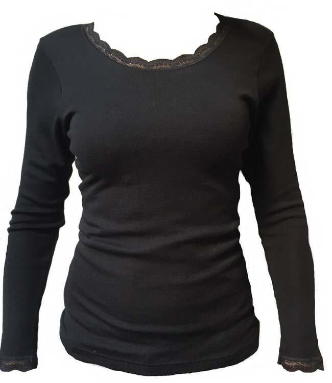 ENGEL Wol zijde longsleeve dames ZWART MET KANT wollen ondergoed