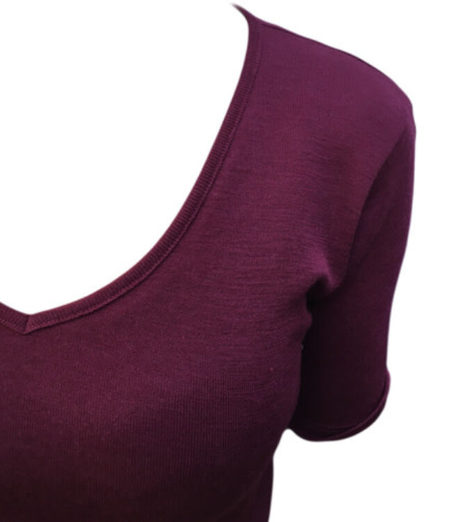 Hocosa shirt korte mouw wol zijde v-hals BORDEAUX dames