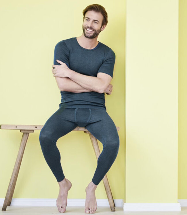 Living crafts - wol zijde shirt heren korte mouw * Petrol *