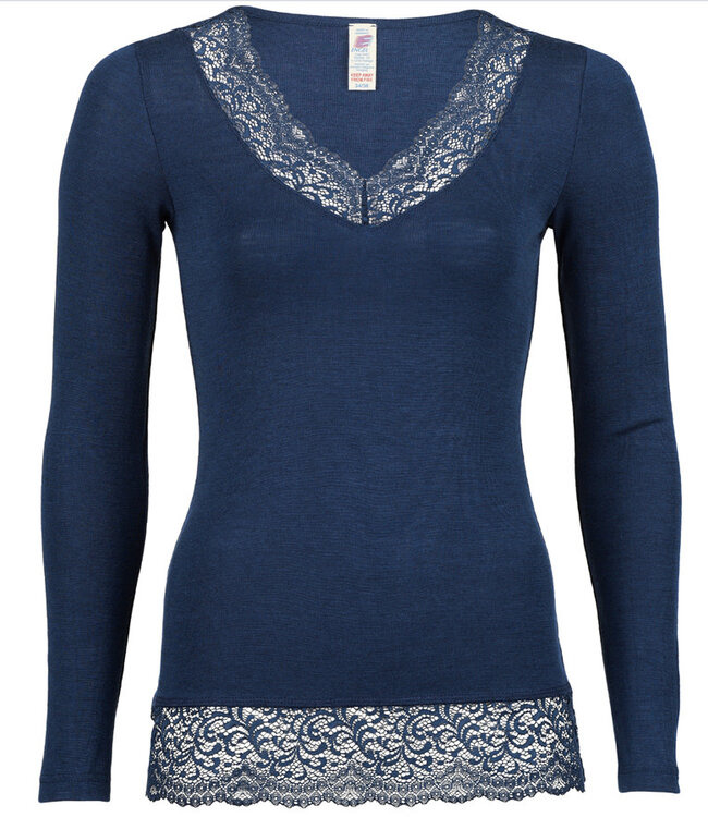 ENGEL Wol zijde dames longsleeve MET KANT v-hals NAVY