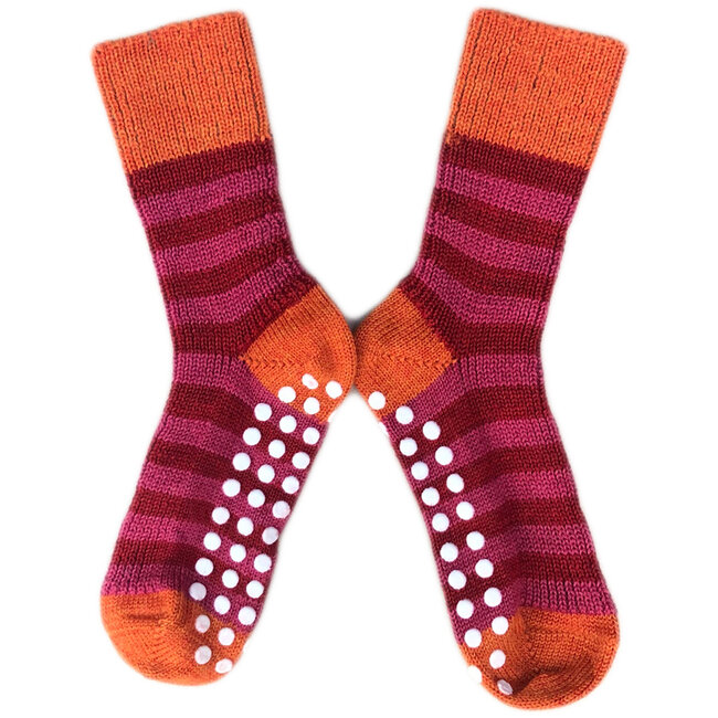 HIRSCH wollen ANTISLIP sokken kind gestreept Rood mango roze  015s 186