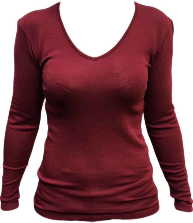 HOCOSA Longsleeve wol zijde v-hals dames BORDEAUX